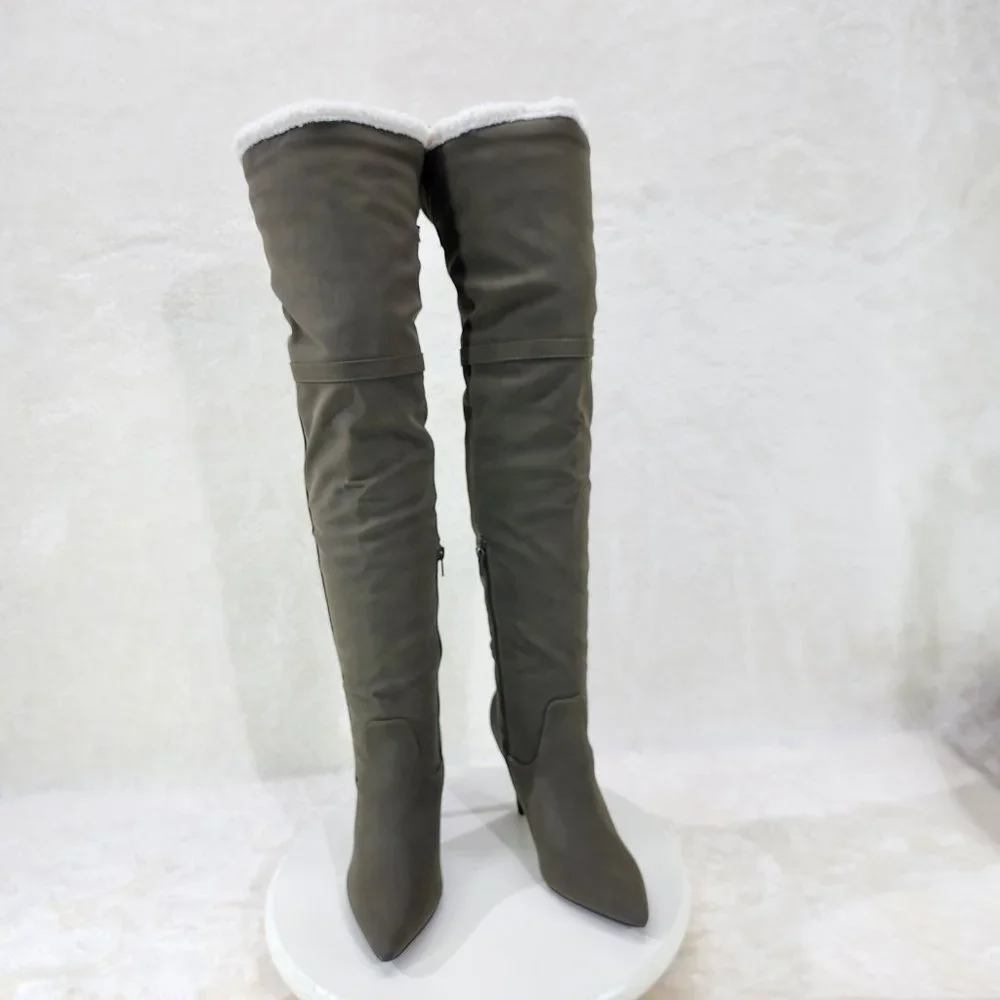 Olive Green Fluffy Fleece Lined  Fold Under / Over the Knee Pointy Toe Boots - Picture 7 of 13